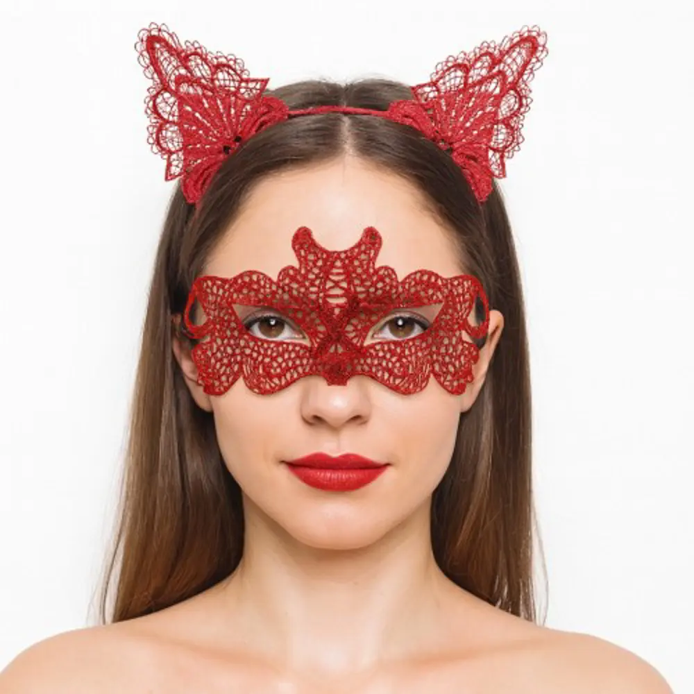 Ateş Kırmızısı Dantel Taç ve Maske Seti 10 No - Maskeli Balo &amp