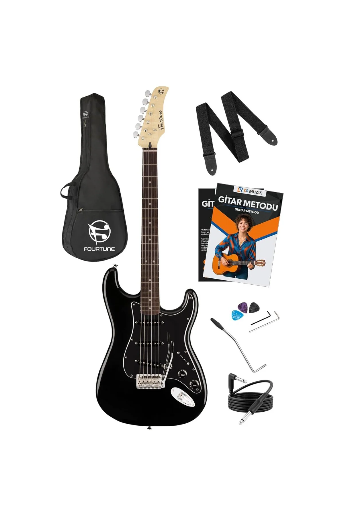 Atlas EG-1000 Gül Klavye Strat Kasa SSS Elektro Gitar Seti (Siyah