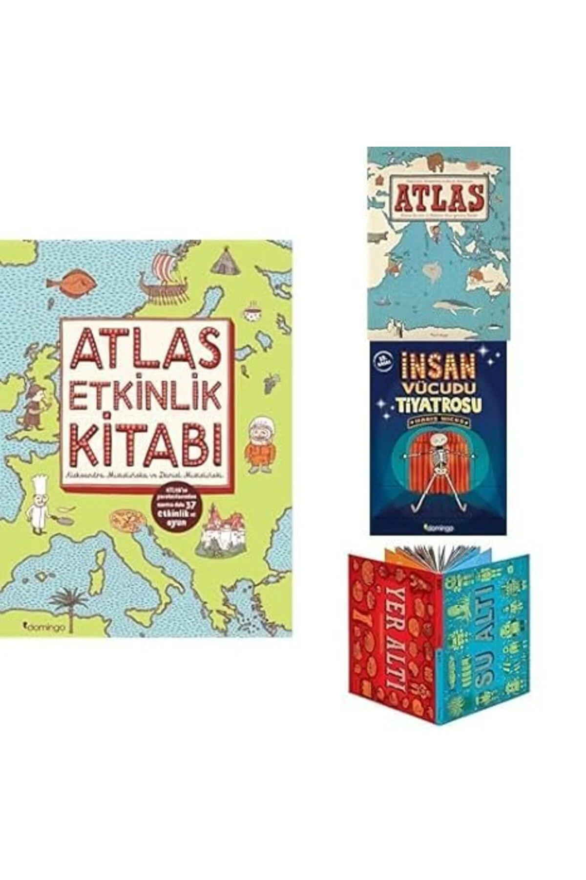 atlas etkinlik kitabi +atlas(ciltli)+ insan vucudu tiatrosu+ yer alti su alti(ciltli)=4kitap