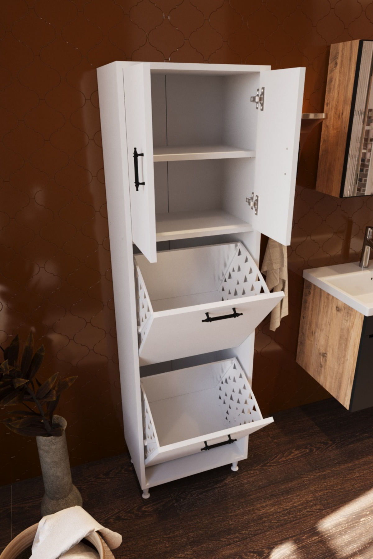 Atlas İki Sepetli Renkli Beyaz Çamaşır Sepetli Çok Amaçlı Banyo D