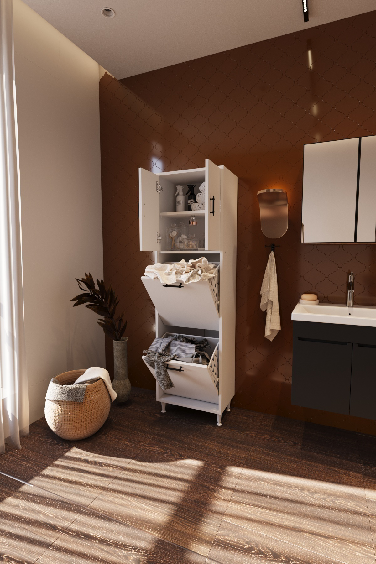 Atlas İki Sepetli Renkli Beyaz Çamaşır Sepetli Çok Amaçlı Banyo D