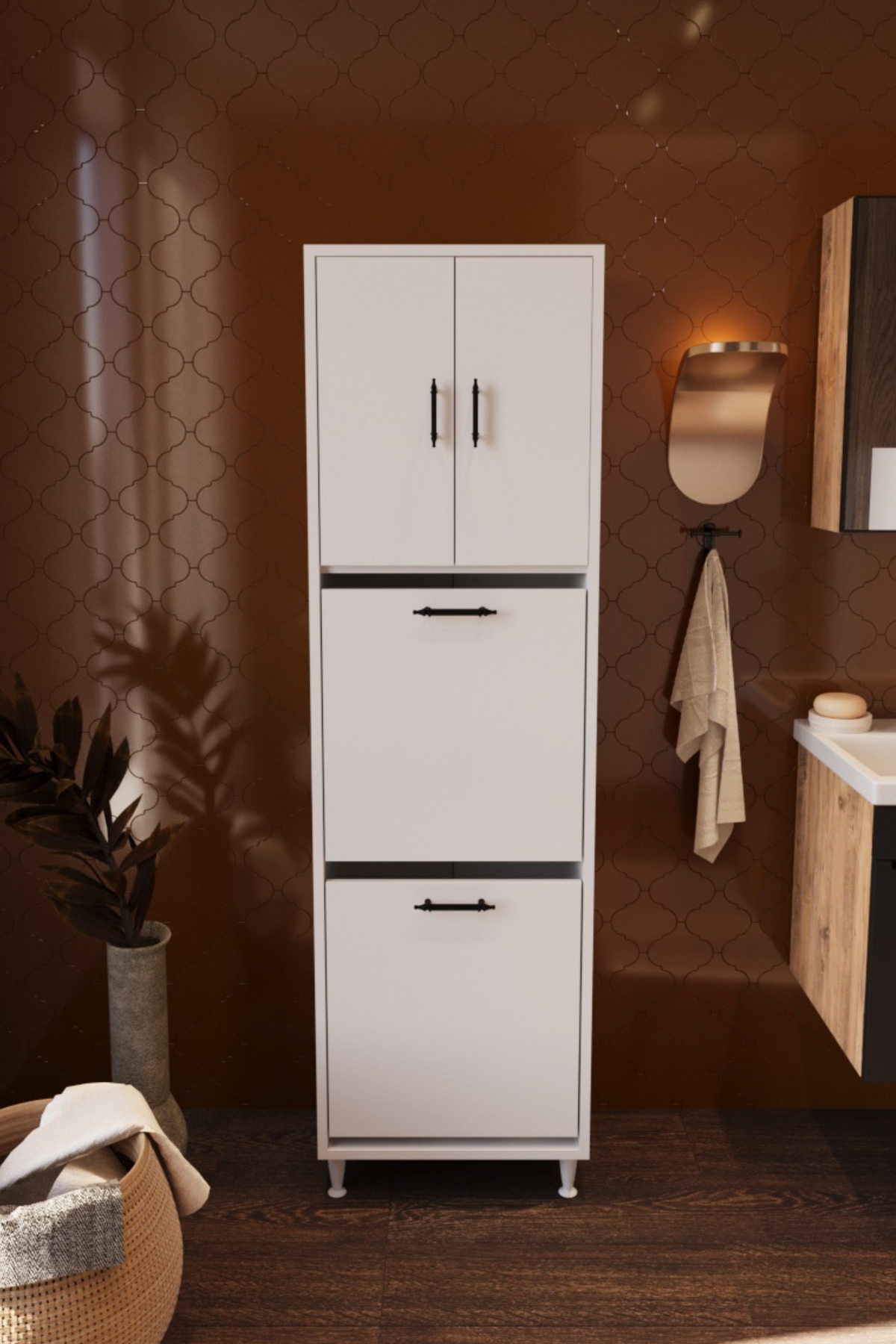 Atlas İki Sepetli Renkli Beyaz Çamaşır Sepetli Çok Amaçlı Banyo D