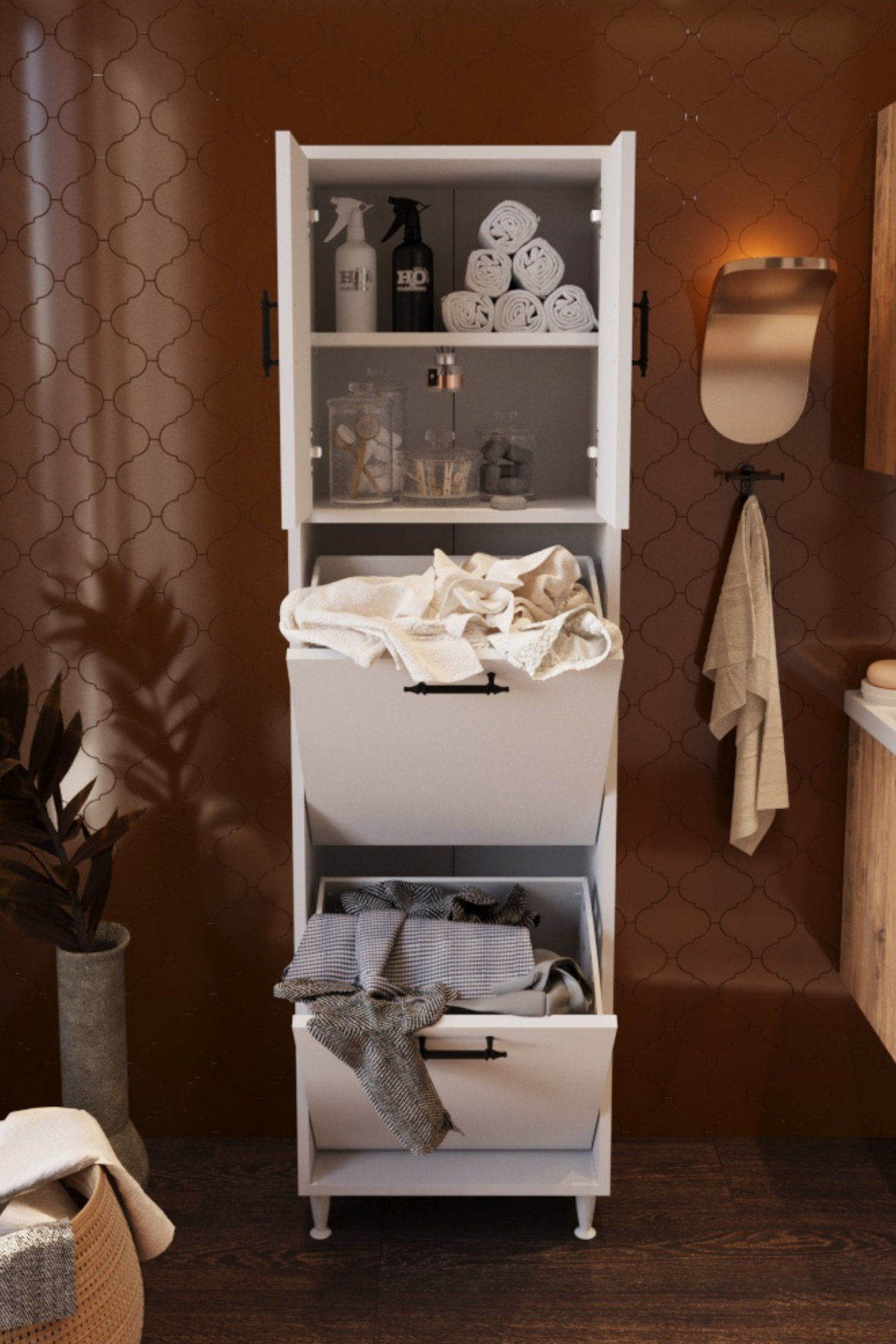 Atlas İki Sepetli Renkli Beyaz Çamaşır Sepetli Çok Amaçlı Banyo D