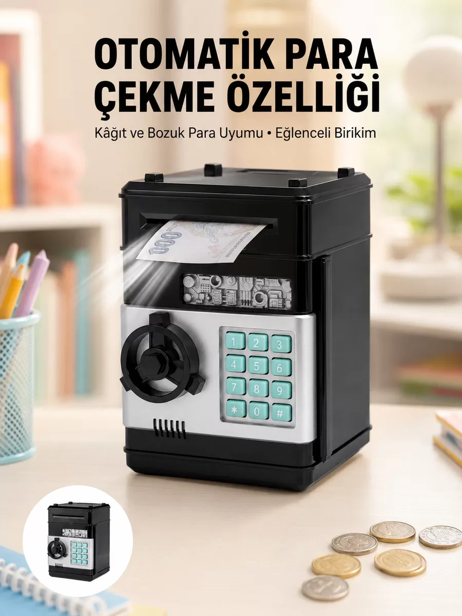 ATM Tarzı Şifreli Mini Kumbara - Otomatik Para Çeken Elektronik Para Kasası