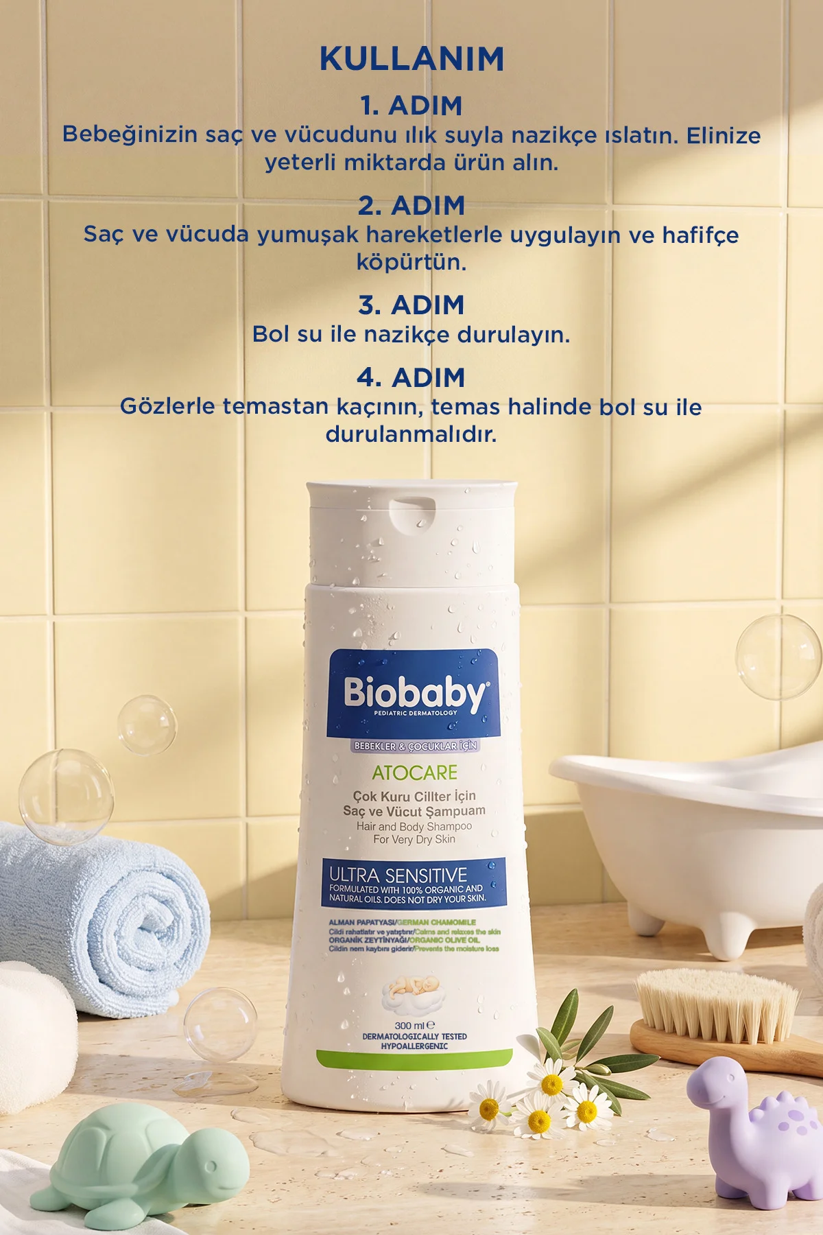 Atocare Çok Kuru Ciltler İçin Saç Ve Vücut Şampuanı 300 ml - Organik Zeytin Yağı ve Alman Papatyası