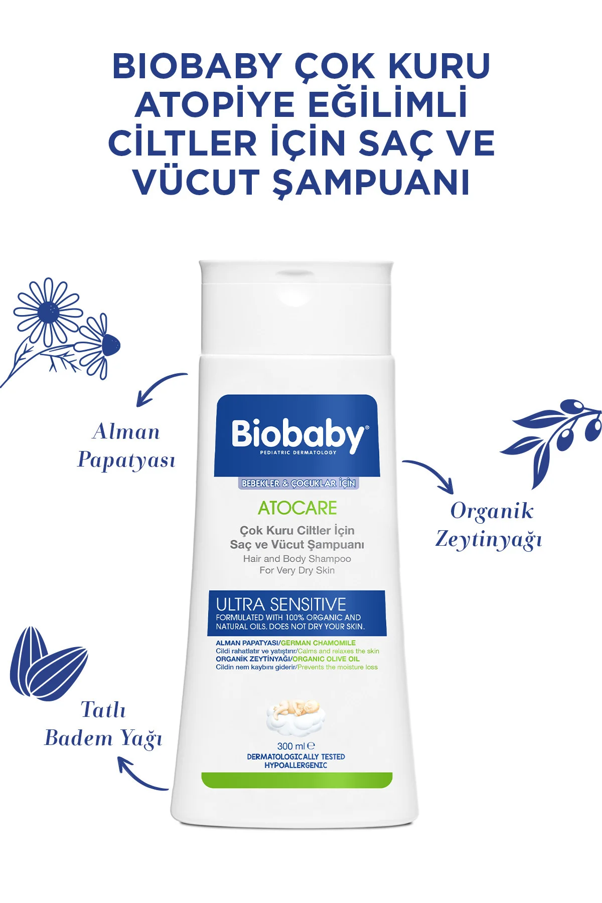 Atocare Çok Kuru Ciltler İçin Saç Ve Vücut Şampuanı 300 ml - Organik Zeytin Yağı ve Alman Papatyası