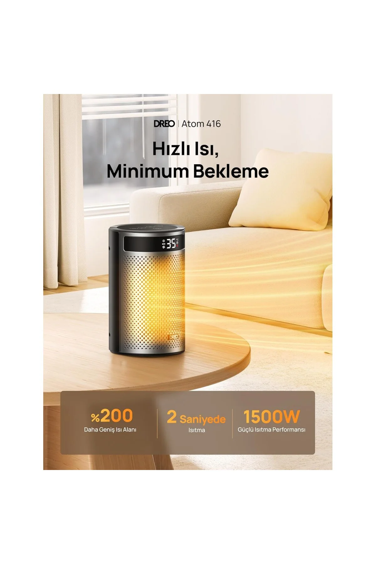 Atom 416 Seramik Isıtıcı – 1500W, 2sn Hızlı Isıtma, 1-12 Saat Zam