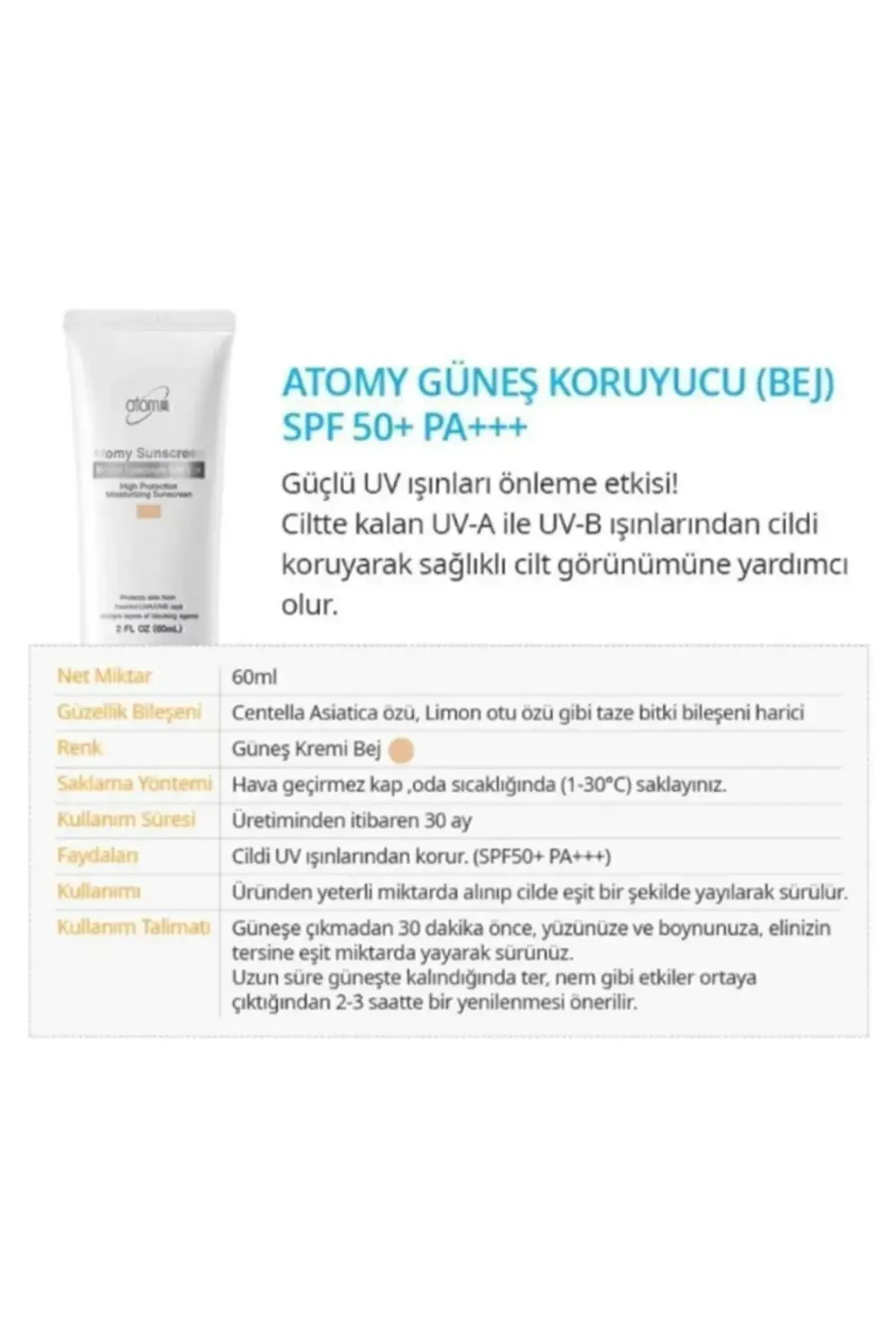 Atomy Renkli Güneş Koruyucu SPF50+ PA+++ (Bej) | 60ml – TRENDMU