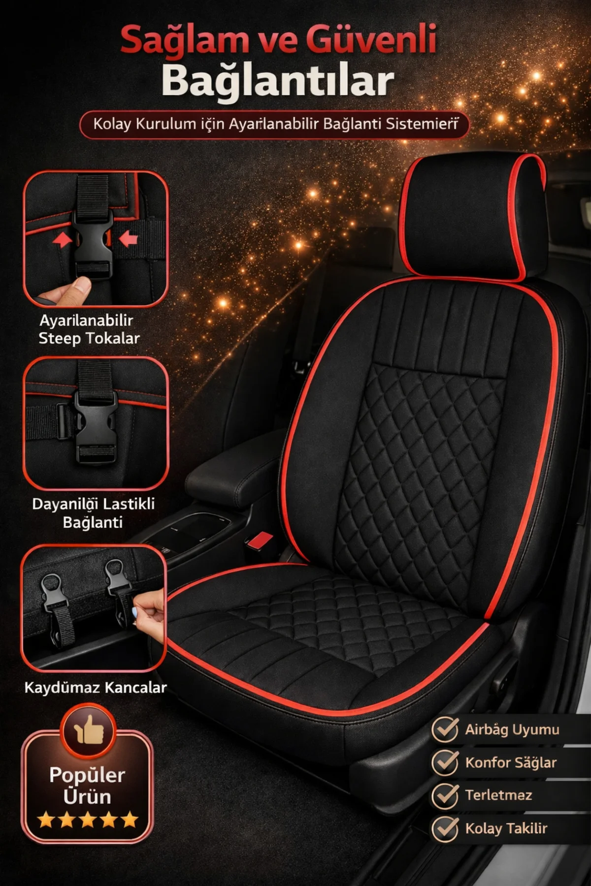 Audi A-3 2003 - 2011 Uyumlu Eren Daimond 2 Parça Ön Oto Koltuk Minderi Terletmez Siyah - Kırmızı Fiyatı, Yorumları ve Özellikleri