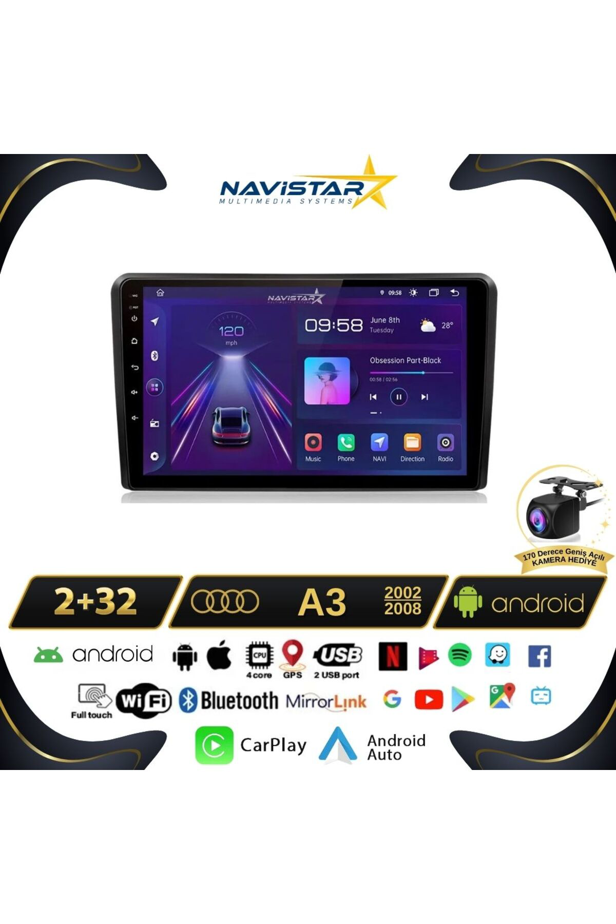 Audi A3 2002-2008 Model 2GB + 64GB Android 13 Kablosuz Carplay Na