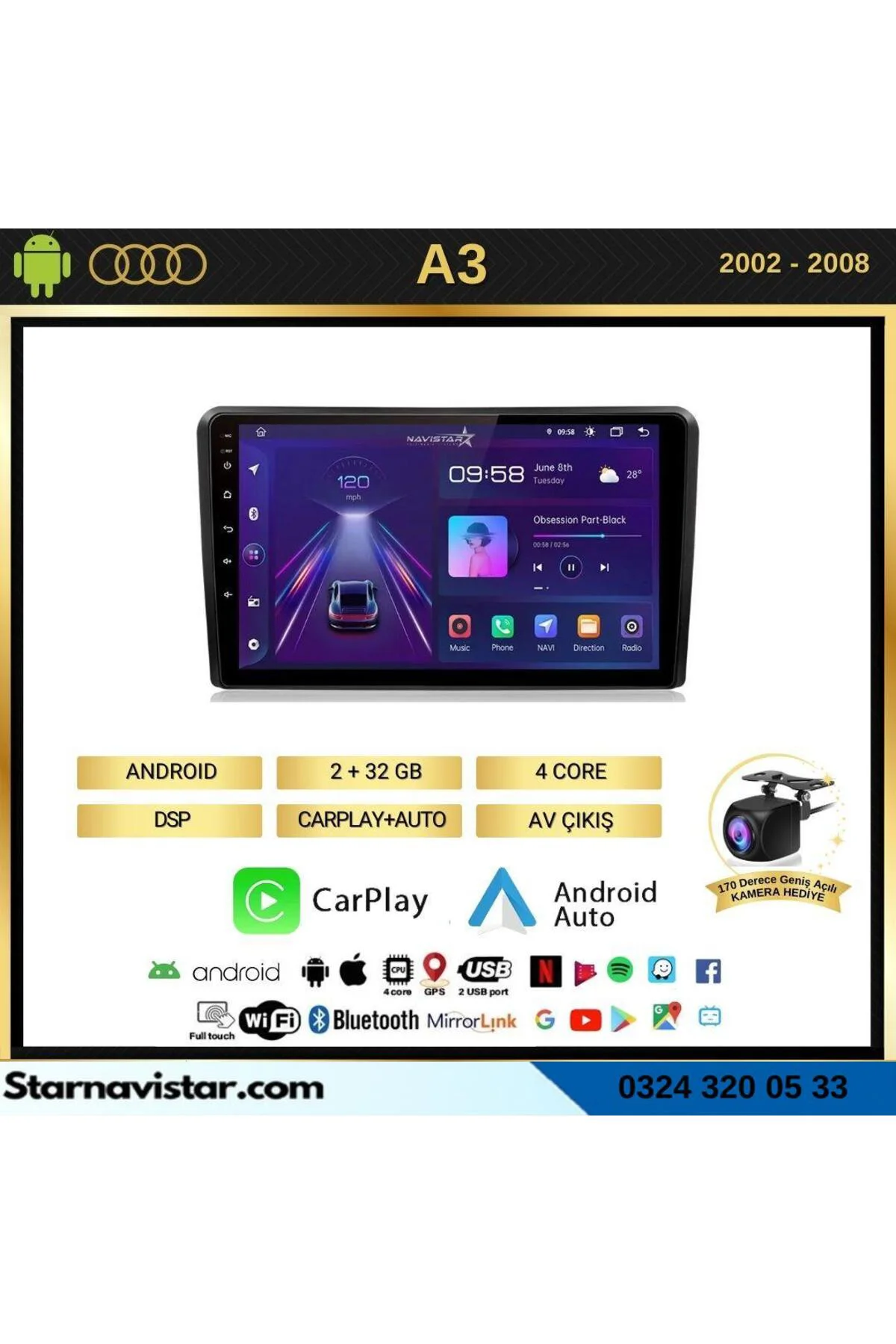 Audi A3 2002-2008 Model 2GB + 64GB Android 13 Kablosuz Carplay Na