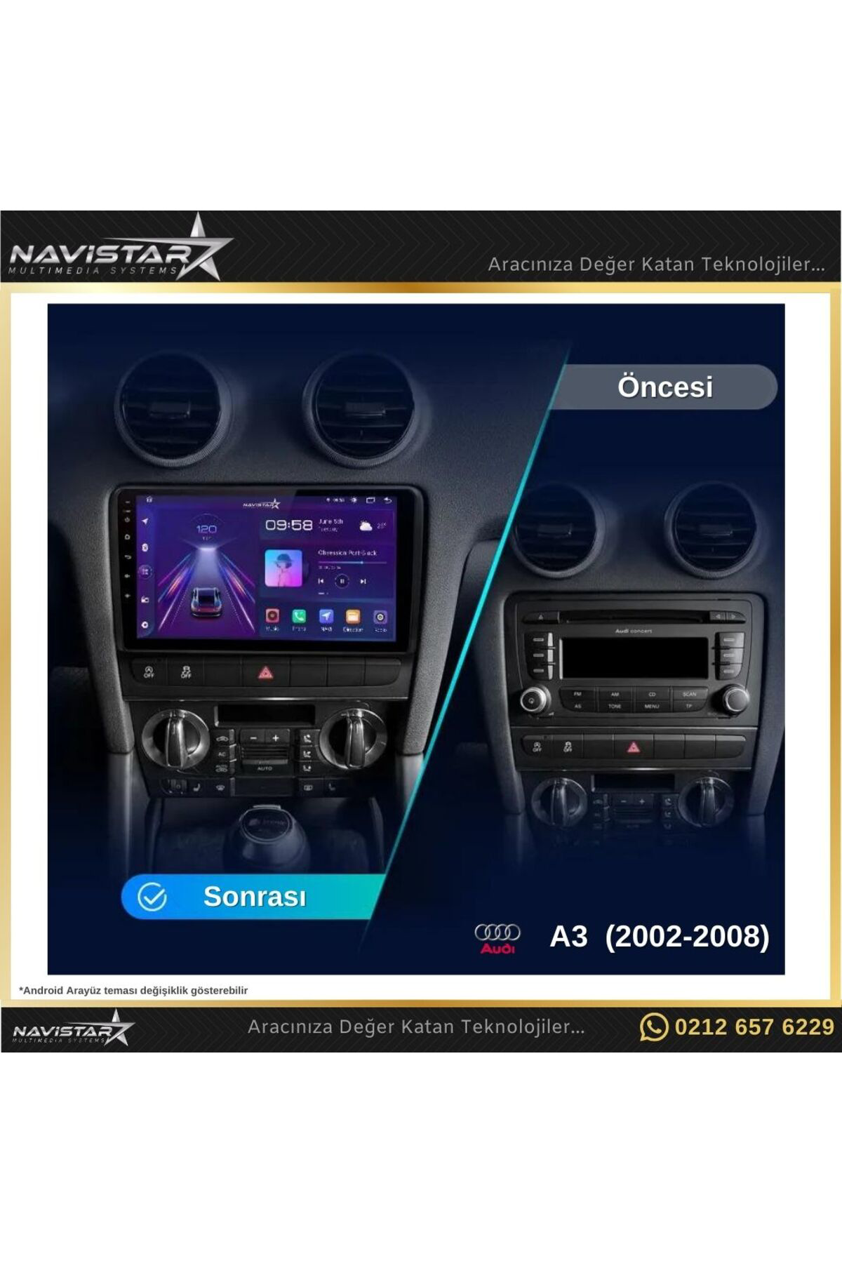 Audi A3 2002-2008 Model 2GB + 64GB Android 13 Kablosuz Carplay Na