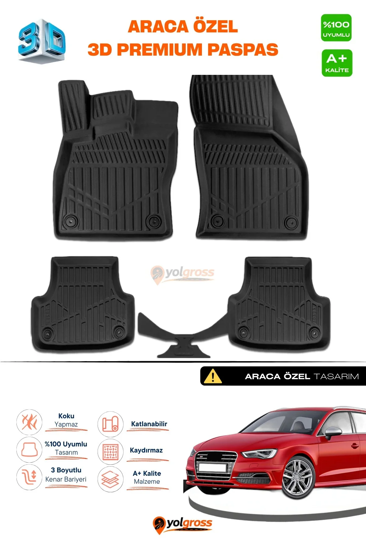Audi A3 3D Pro Havuzlu Paspas 2013-2020 A+ Kalite