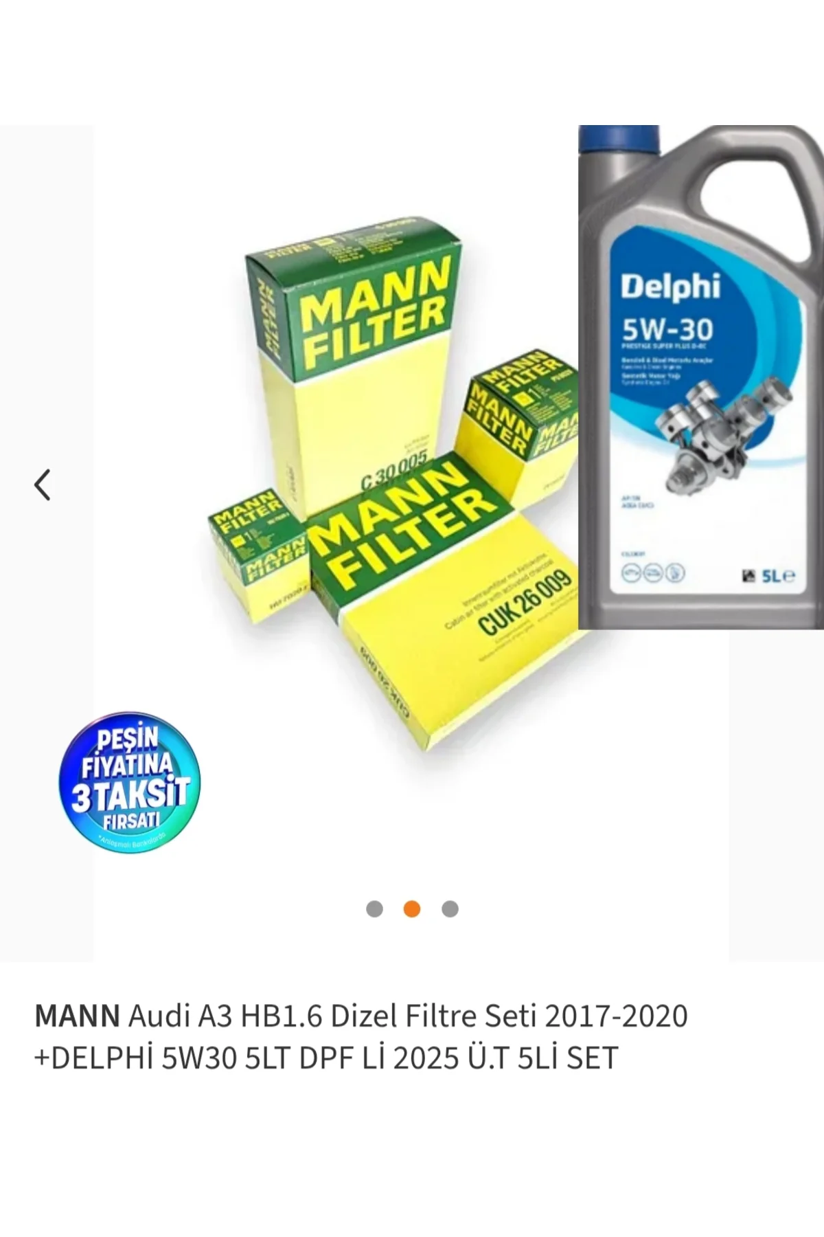 Audi A3 HB1.6 Dizel Filtre Seti 2017-2020 +DELPHİ 5W30 5LT DPF Lİ