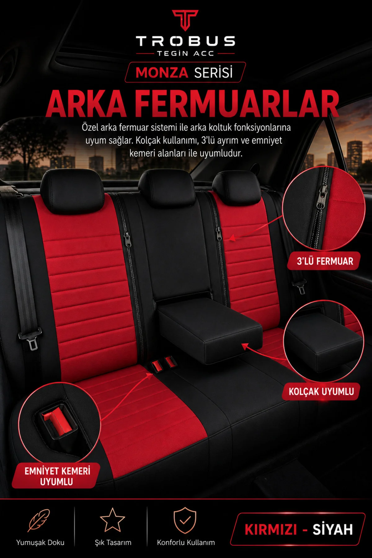 Audi A3 Sedan 2003+ Uyumlu Monza Serisi Sport Tay Tüyü Kadife Siyah Kırmızı Koltuk Kılıfı