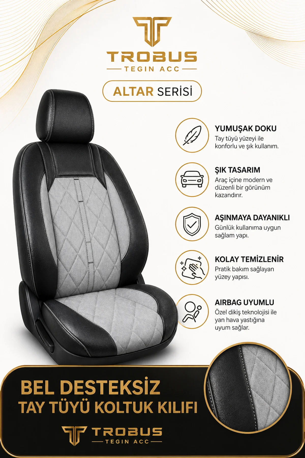 Audi A3 Sedan 2003+ Uyumlu Altar Serisi Tay Tüyü Gri Siyah Premium Koltuk Kılıfı