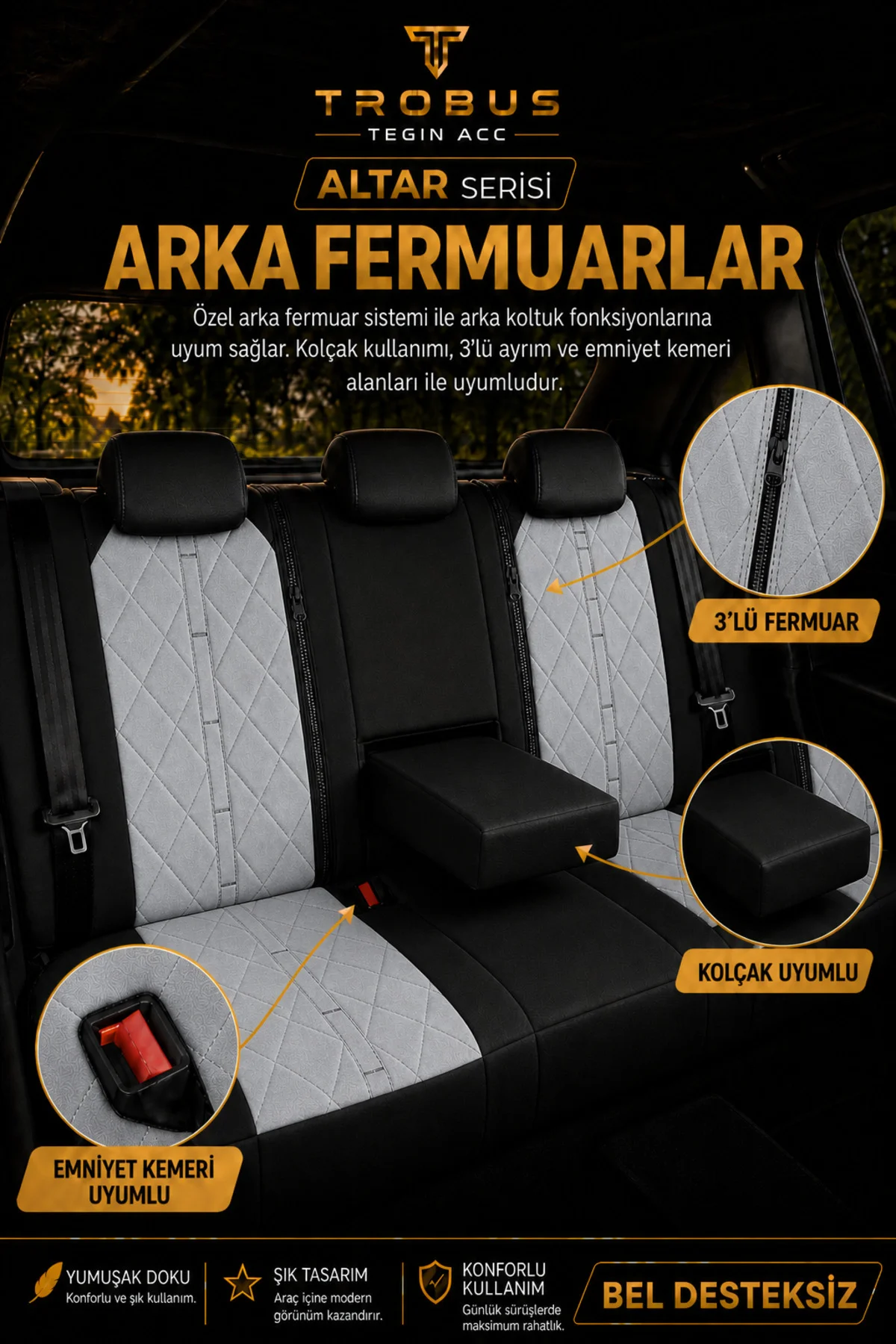 Audi A3 Sedan 2003+ Uyumlu Altar Serisi Tay Tüyü Gri Siyah Premium Koltuk Kılıfı