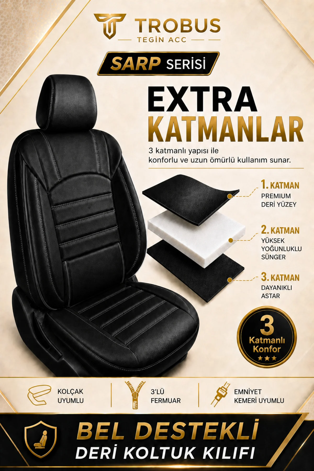Audi A3 Sedan 2016-2020 Aracınıza Uyumlu Siyah Sarp Serisi Bel Destekli Kılıf