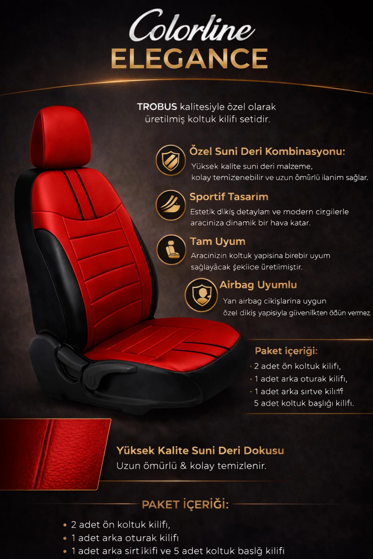 Audi A3 Sedan ve Sportback 2003 ve Sonrası Uyumlu Colorline Elegance Deri Kırmızı Siyah Koltuk Kılıfı