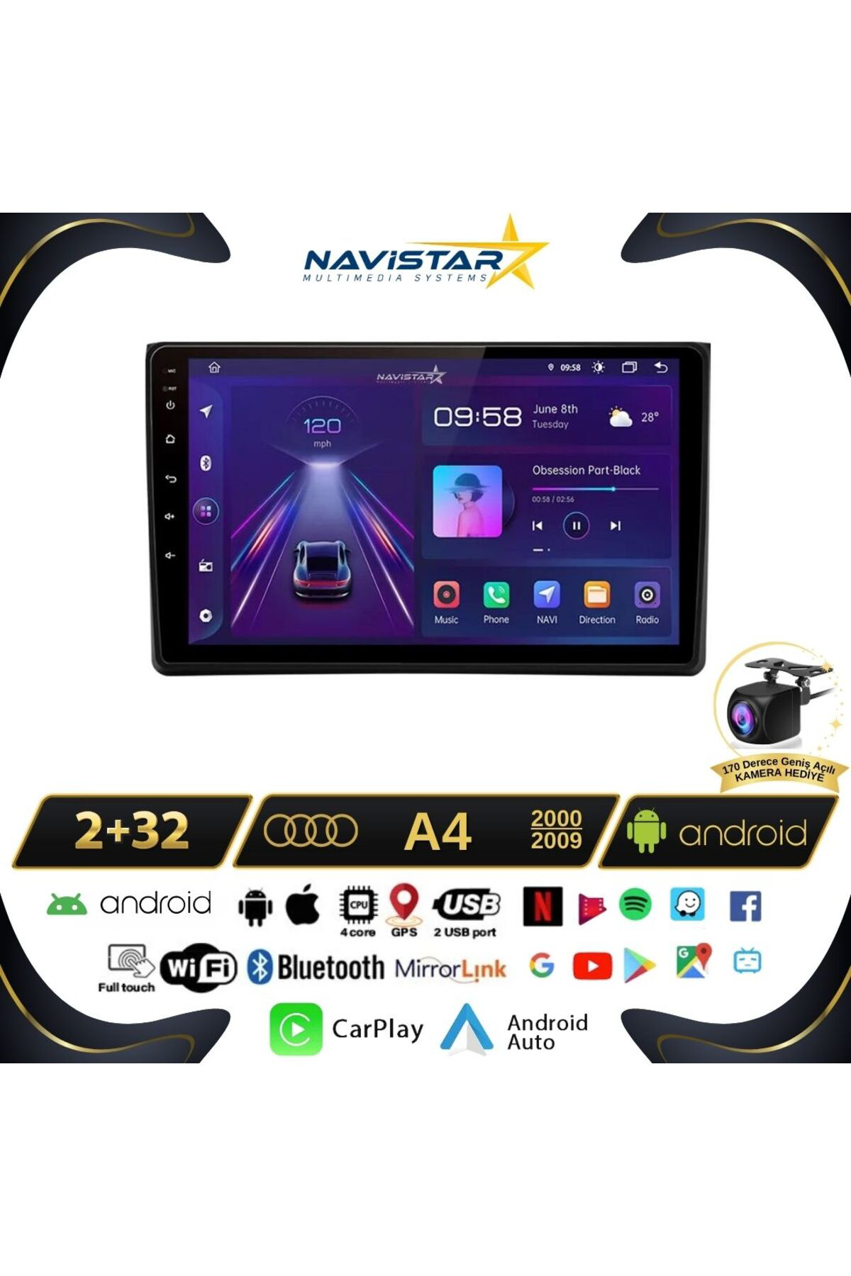 Audi A4 9 İnç Android 13 Multimedya 2+64GB Kablosuz CarPlay 2000-