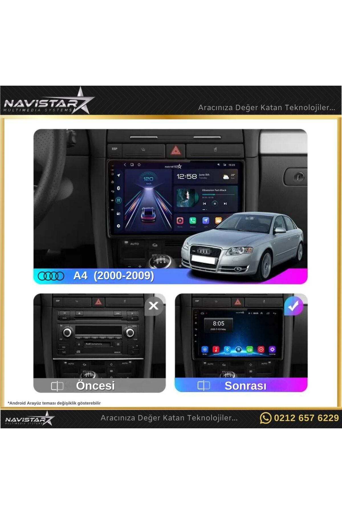 Audi A4 9 İnç Android 13 Multimedya 2+64GB Kablosuz CarPlay 2000-