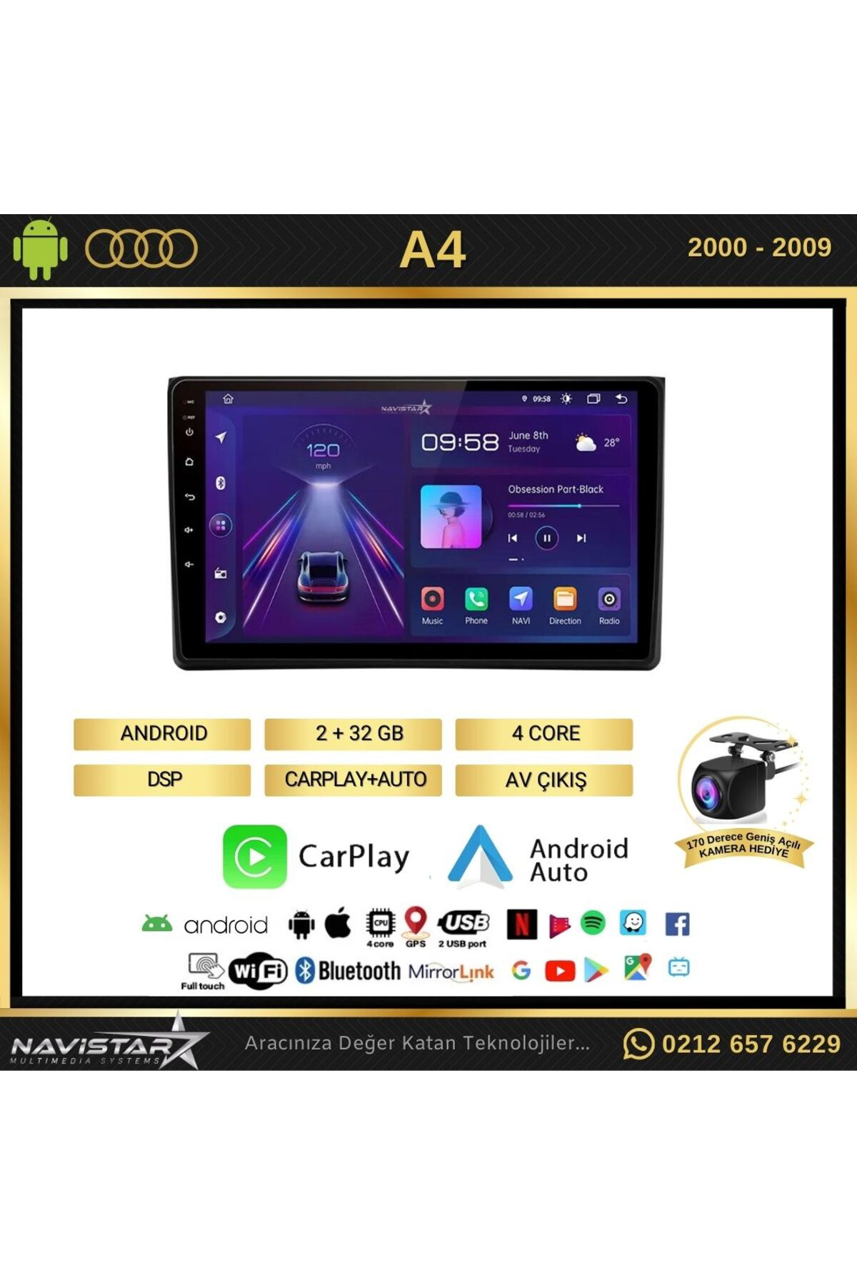 Audi A4 9 İnç Android 13 Multimedya 2+64GB Kablosuz CarPlay 2000-