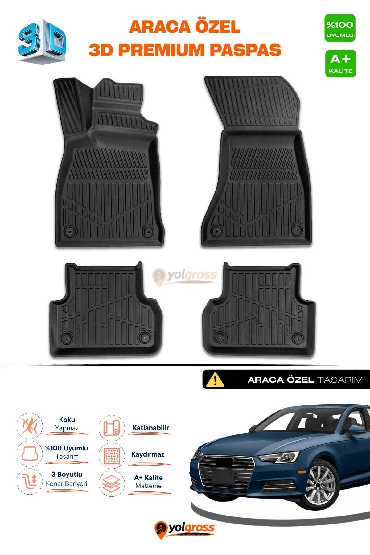 Audi A4 3D Pro Havuzlu Paspas 2016 üzeri A+ Kalite