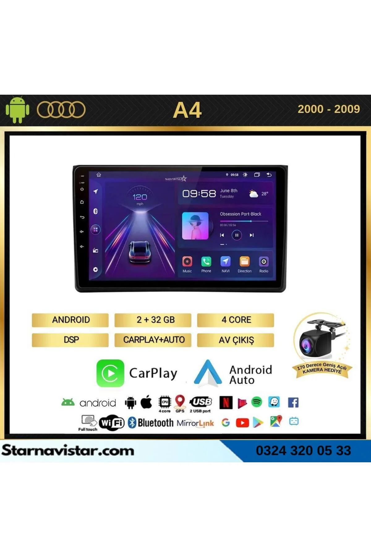 Audi A4 9 İnç Android 13 Multimedya 2+64GB Kablosuz CarPlay 2000-
