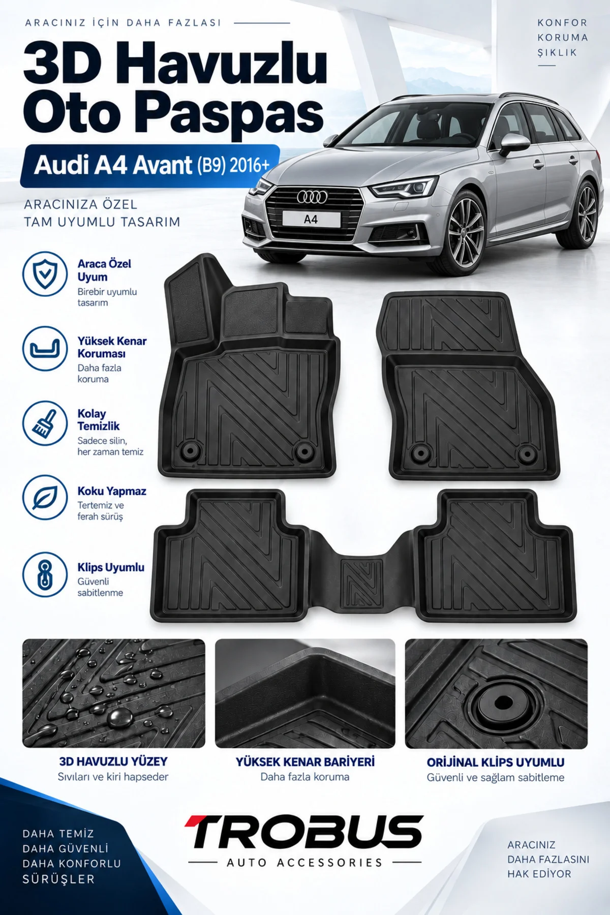 Audi A4 Avant B9 2016-2024 Karbon Desenli Premium 3D Havuzlu Oto Paspas Audi A4 Avant B9 2016-2024 Karbon Desenli Premium 3D Havuzlu Oto Paspas