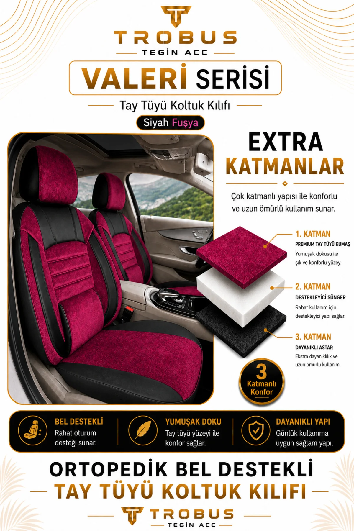 Audi A4 B9 2015-2019 Uyumlu Valeria Serisi Bordo Siyah Bel Destekli Tay Tüyü Koltuk Kılıfı
