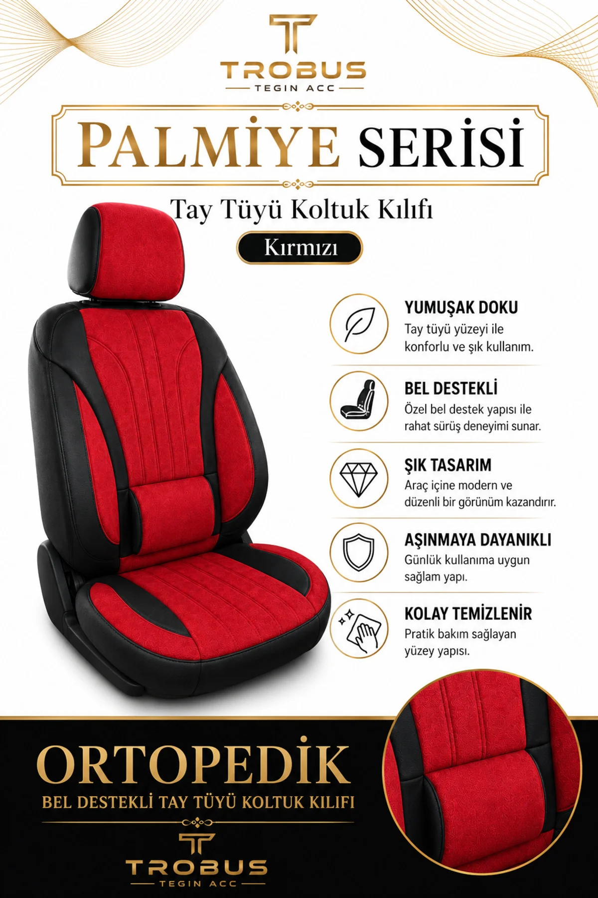 Audi A4 Sedan 2001 Sonrası Uyumlu Palmiye Serisi Kırmızı Siyah Bel Destekli Tay Tüyü Koltuk Kılıfı