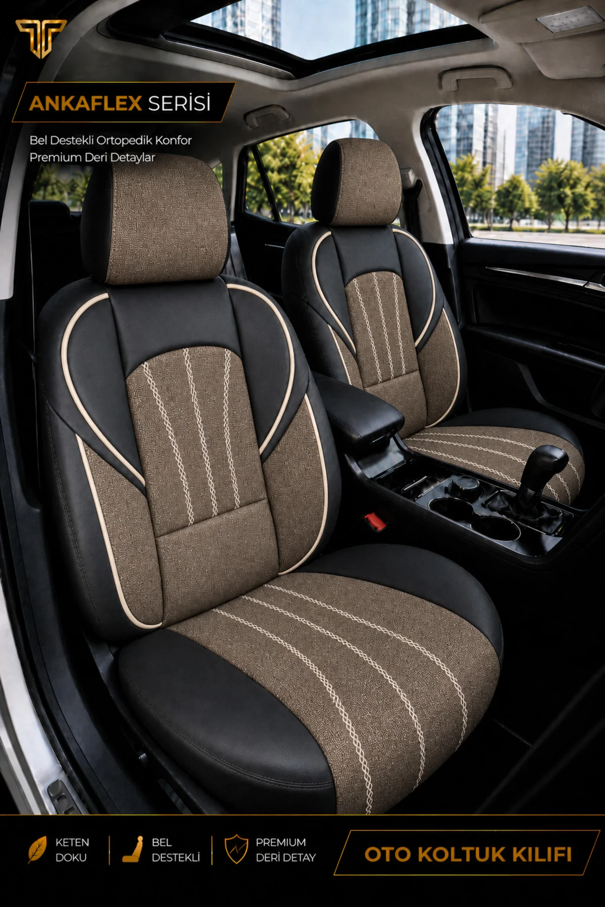 Audi A4 Sedan 2001+ Uyumlu ANKAFLEX Bel Destekli Keten Deri Kahve Siyah Koltuk Kılıfı