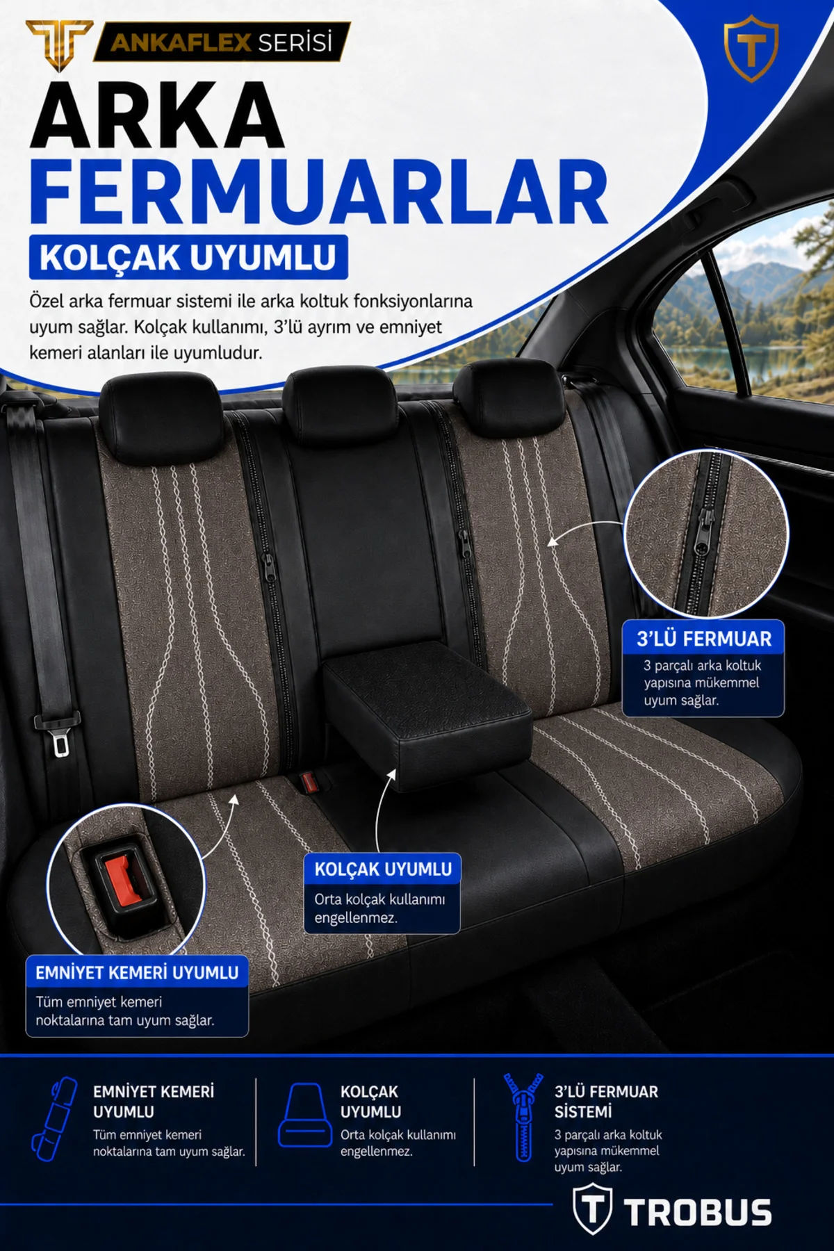 Audi A4 Sedan 2001+ Uyumlu ANKAFLEX Bel Destekli Keten Deri Kahve Siyah Koltuk Kılıfı