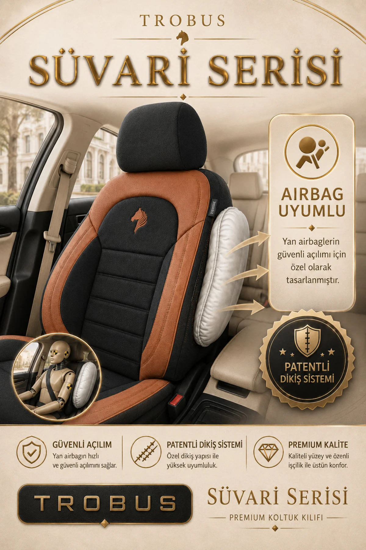 Audi A5 2010 Sonrası Uyumlu Süvari Serisi Siyah Taba Premium Tay Tüyü Koltuk Kılıfı
