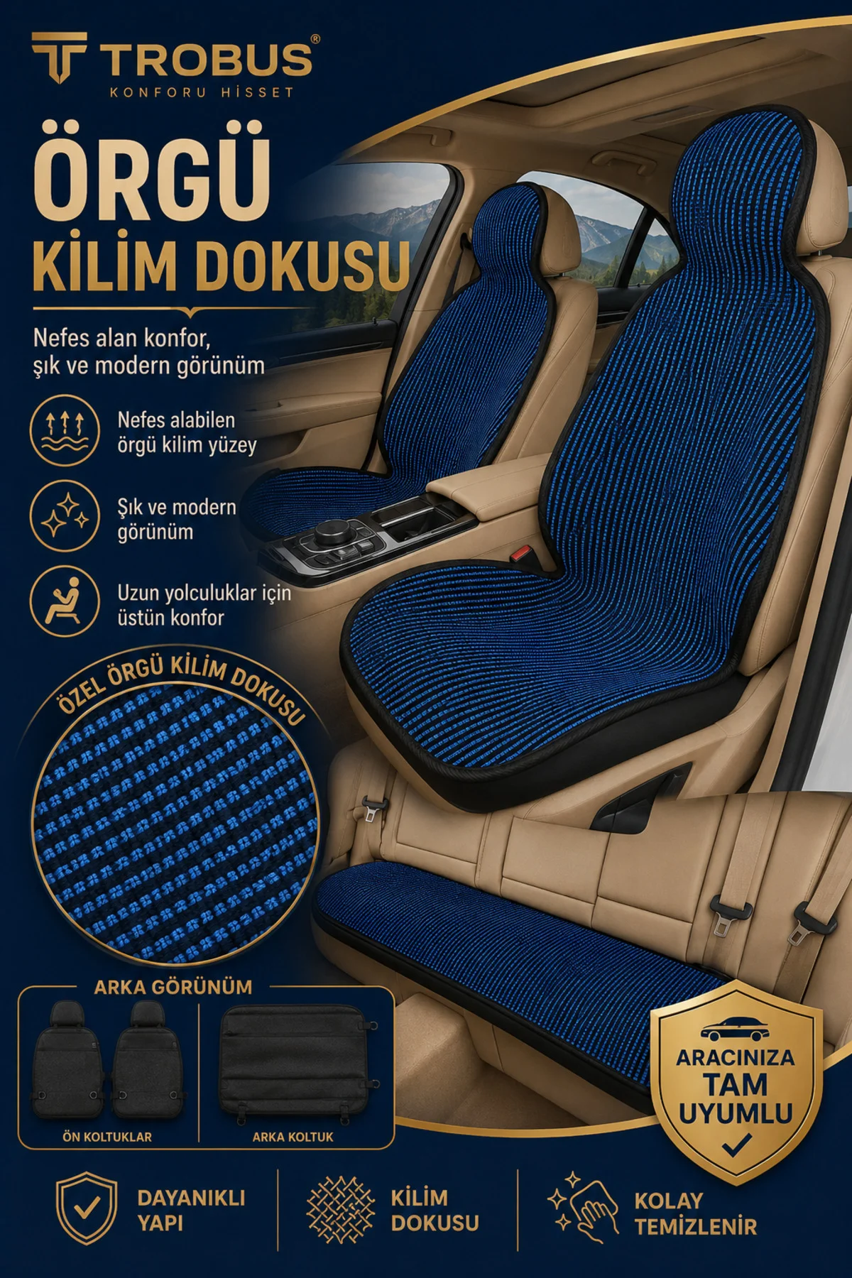 Audi A5 Quattro 2015-2019 Üniversal Örme 3 Parça Minder Terletmez Kaymaz Taban Siyah Mavi