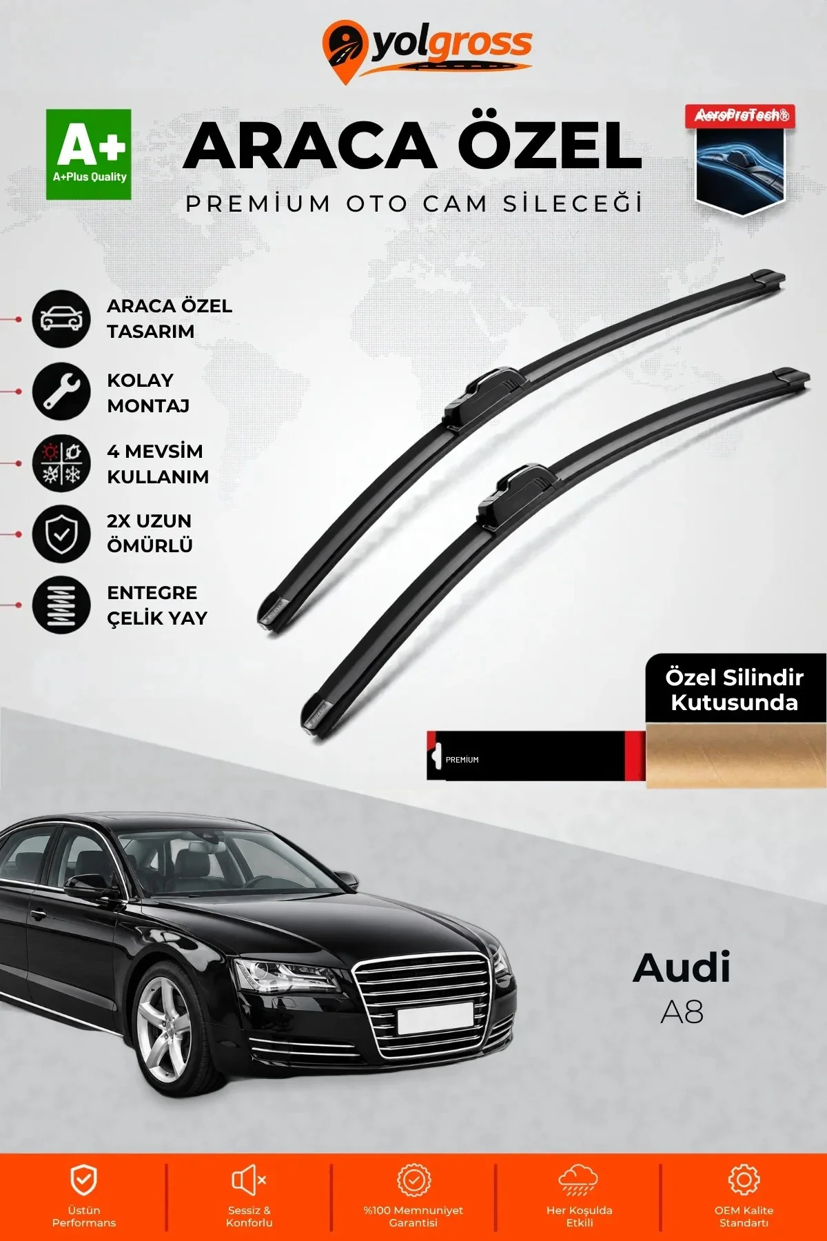 Audi A8 Ön Cam Silecek Seti 2010-2017 Premium Araca Özel 60-55 Cm A+ Kalite