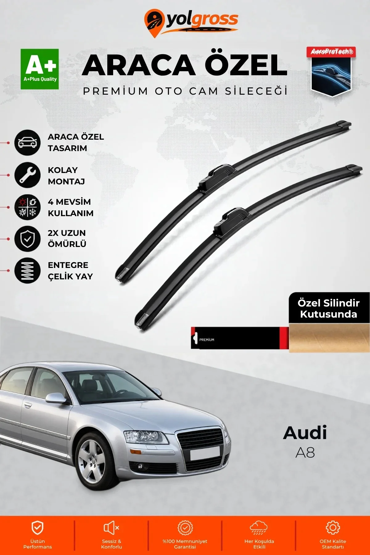 Audi A8 Ön Cam Silecek Seti 2002-2010 Premium Araca Özel 60-55 Cm A+ Kalite