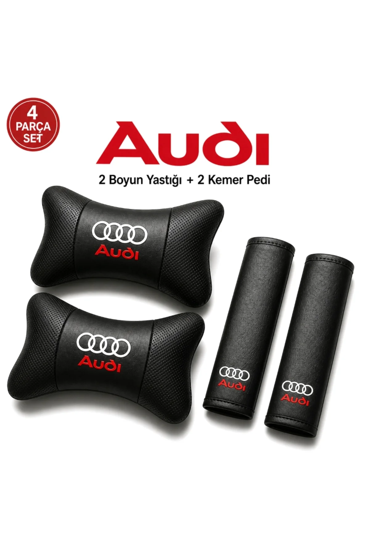 Audi Kırmızı Beyaz Logolu Papyon Yastık Boyun Yastığı + Emniyet Kemeri Kılıfı Takım - Görsel 3