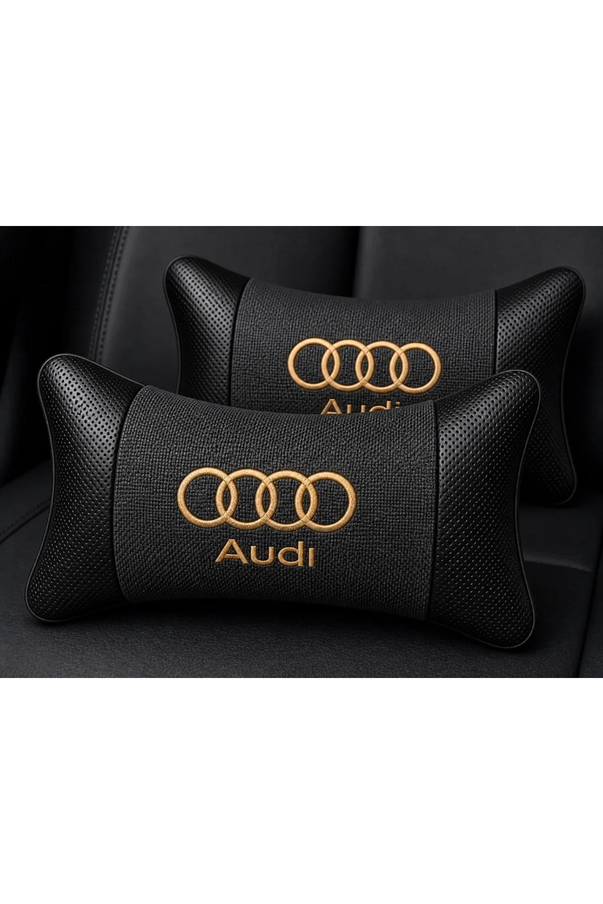 Audi Logolu Boyun Yastığı 2’li Set Füme Keten Kumaş Nakışlı Oto Koltuk Baş Destek Yastığı Audi Logolu Boyun Yastığı 2’li Set Füme Keten Kumaş Nakışlı Oto Koltuk Baş Destek Yastığı