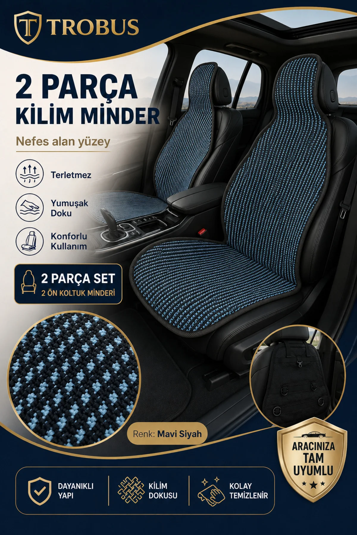 Audi Q-2 2016-2020 Uyumlu Örme Ön 2 Parça Oto Koltuk Minderi Terletmez Kaymaz Taban Siyah - Mavi Fiyatı, Yorumları ve Özellikleri