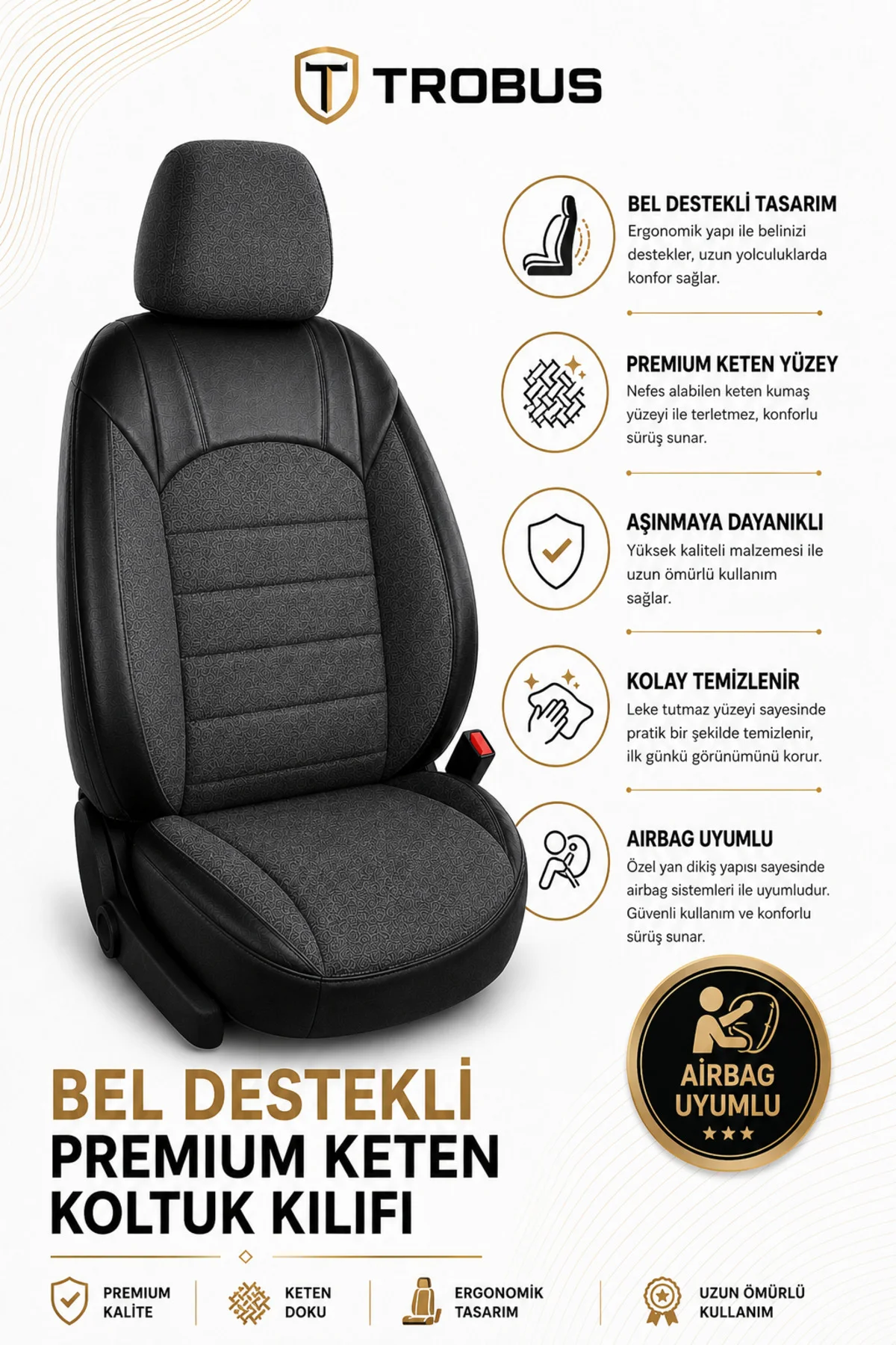 Audi Q2 2016-2020 Uyumlu Levante Serisi Bel Destekli Keten Füme Koltuk Kılıfı