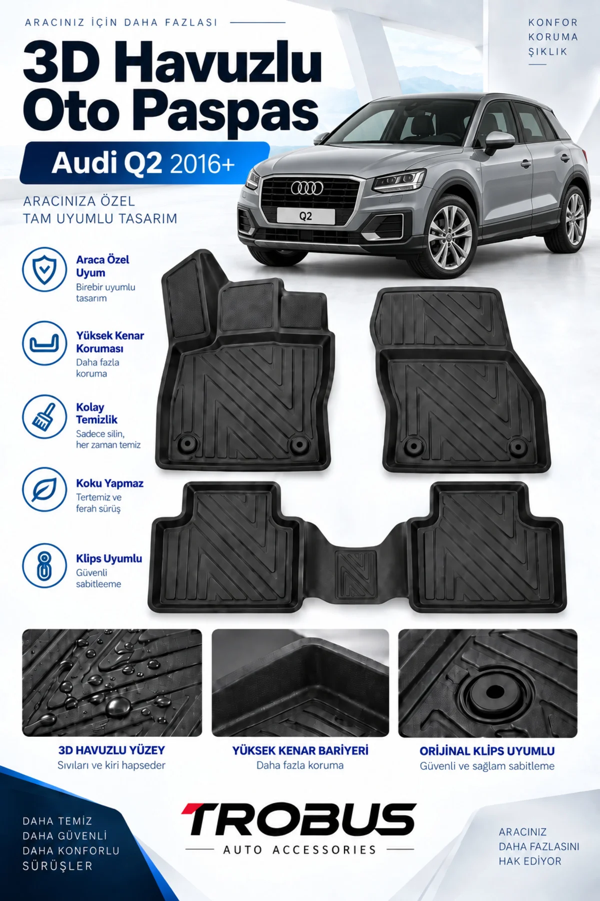 Audi Q2 2016 Sonrası Karbon Desenli Premium 3D Havuzlu Oto Paspas