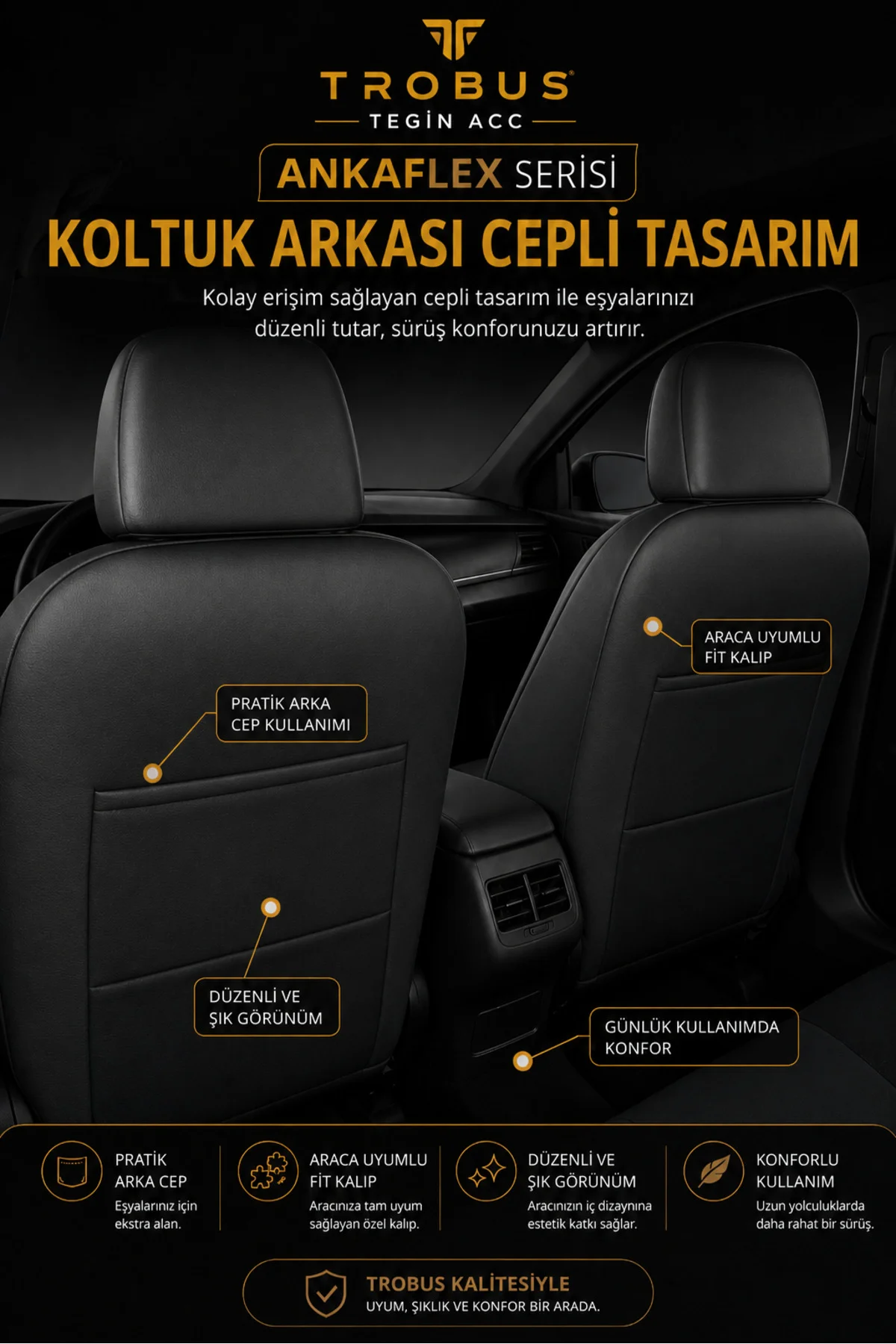 Audi Q3 2011+ Uyumlu ANKAFLEX Bel Destekli Keten Deri Kahve Siyah Koltuk Kılıfı