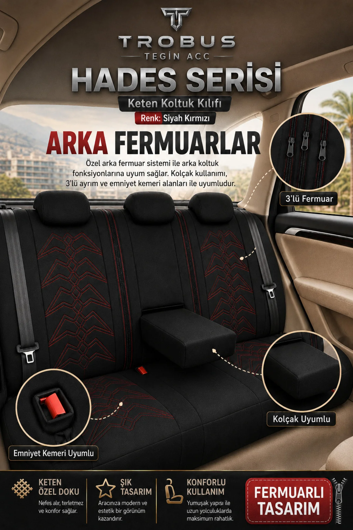 Audi Q3 Quattro 2013-2016 Uyumlu Hades Serisi Keten Oto Koltuk Kılıfı Siyah Kırmızı Fiyatı, Yorumları ve Özellikleri
