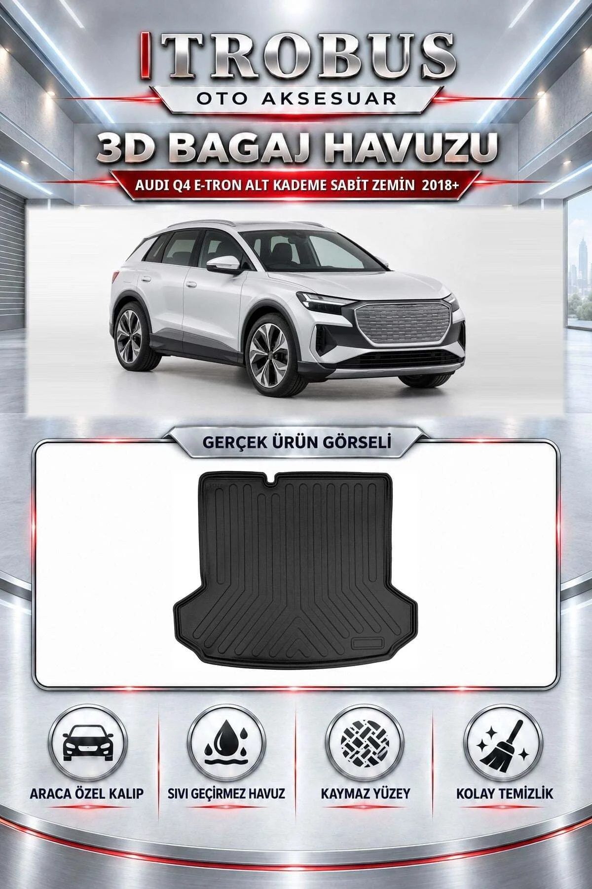 Audi Q4 E-Tron 2018 Sonrası Alt Kademe Sabit Zemin Araca Özel 3D Bagaj Havuzu Audi Q4 E-Tron 2018 Sonrası Alt Kademe Sabit Zemin Araca Özel 3D Bagaj Havuzu
