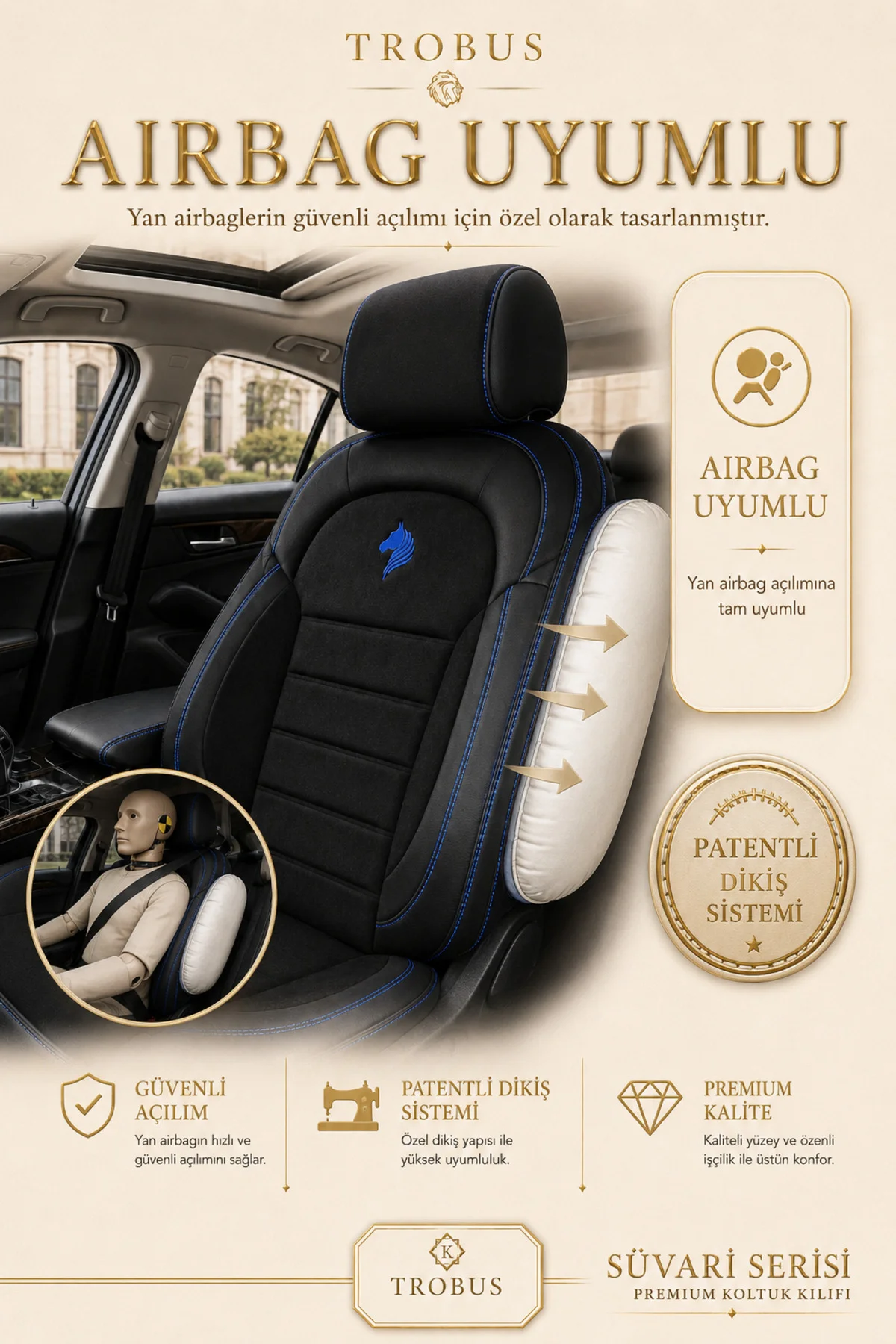 Audi Q5 2010-2017 Uyumlu Süvari Serisi 2+1 Ticari Tay Tüyü Siyah Mavi Koltuk Kılıfı