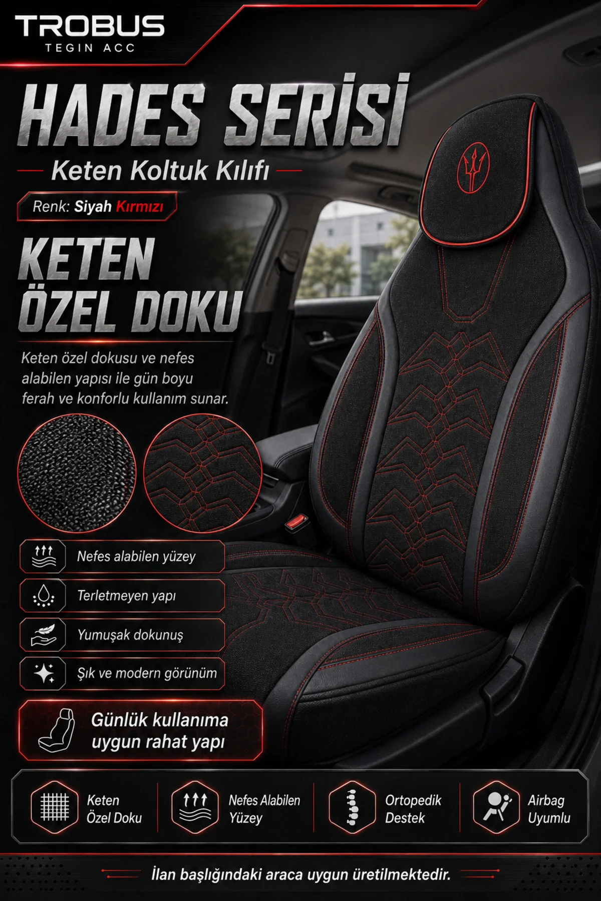 Audi Q7 2006-2015 Uyumlu Hades Serisi Keten Oto Koltuk Kılıfı Siyah Kırmızı Fiyatı, Yorumları ve Özellikleri
