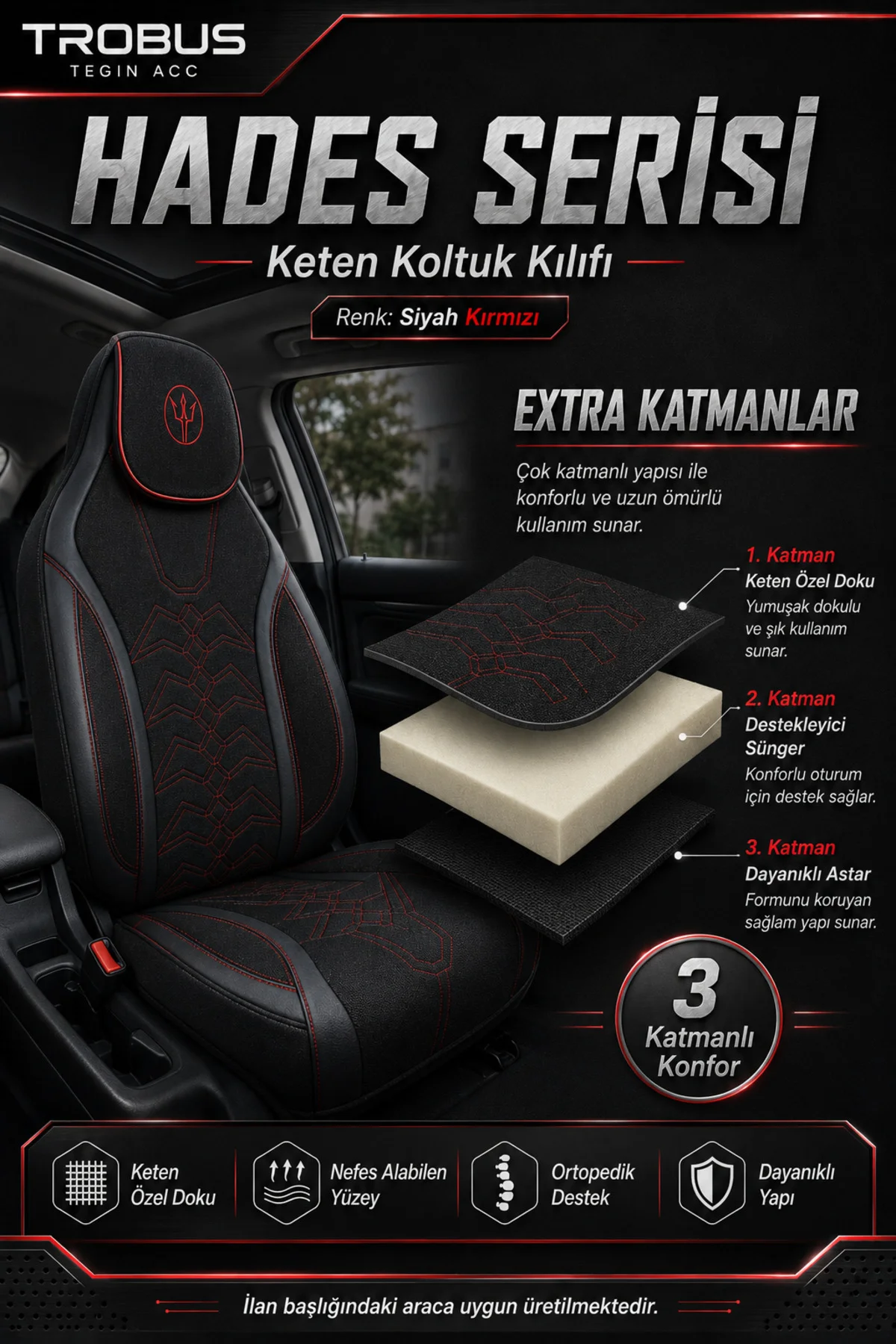 Audi Q7 2006-2015 Uyumlu Hades Serisi Keten Oto Koltuk Kılıfı Siyah Kırmızı Fiyatı, Yorumları ve Özellikleri