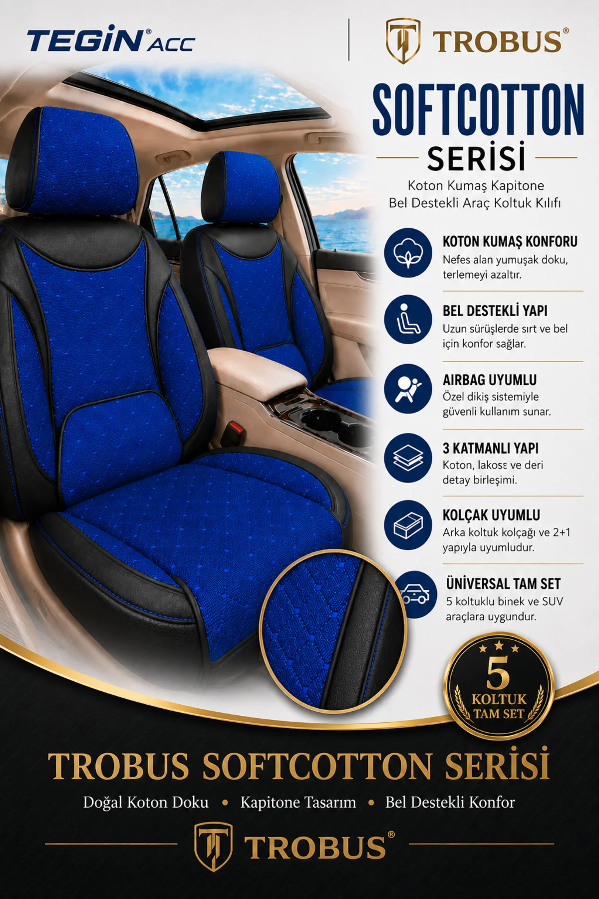 Audi Q7 2006-2015 Uyumlu SoftCotton Serisi Pamuklu Oto Koltuk Kılıfı Mavi - Siyah Fiyatı, Yorumları ve Özellikleri