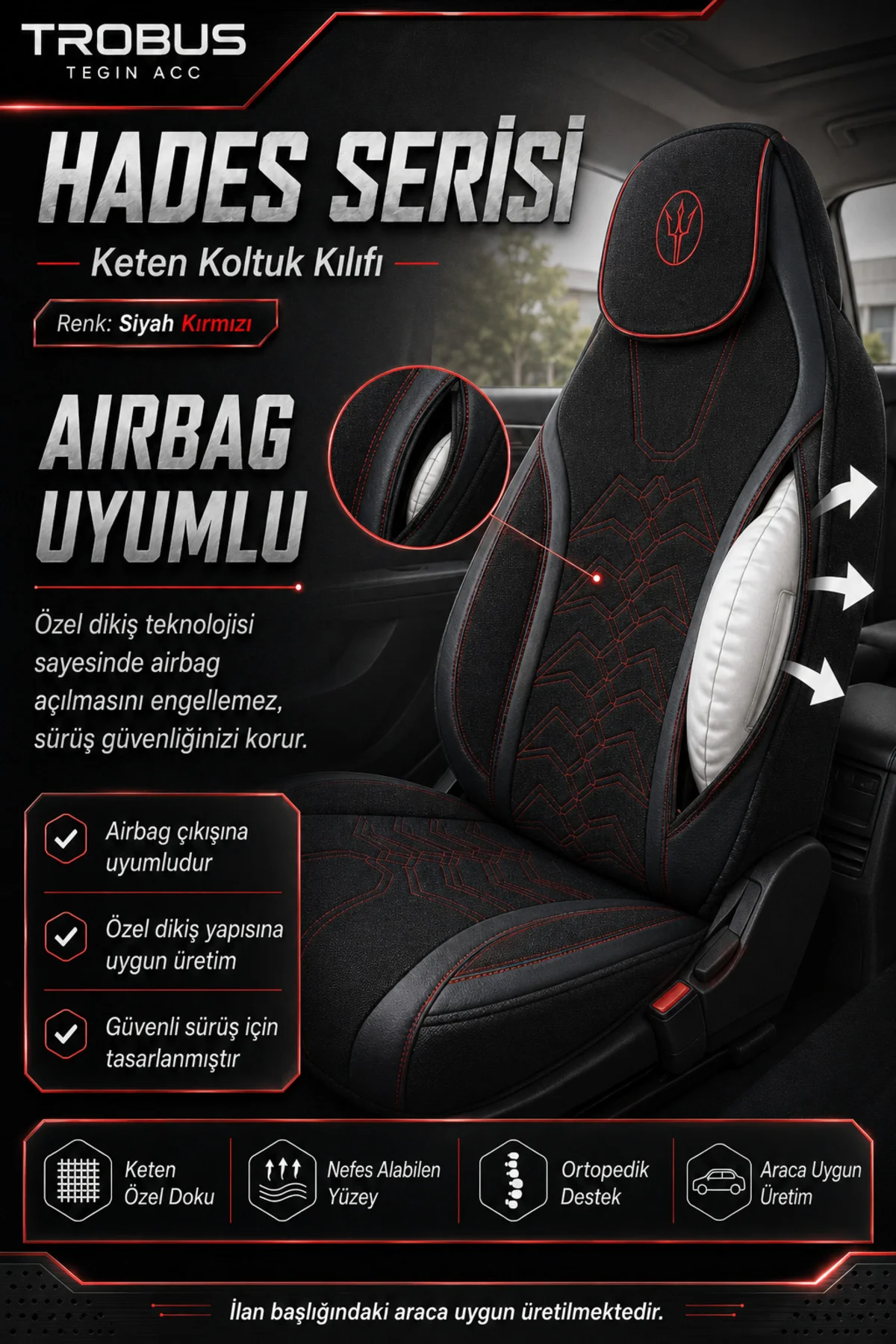 Audi Q7 2006-2015 Uyumlu Hades Serisi Keten Oto Koltuk Kılıfı Siyah Kırmızı Fiyatı, Yorumları ve Özellikleri